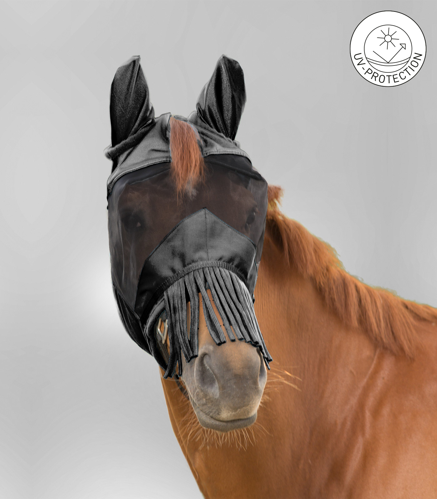 PREMIUM Fliegenmaske mit Ohrenschutz und Nasenfransen schwarz