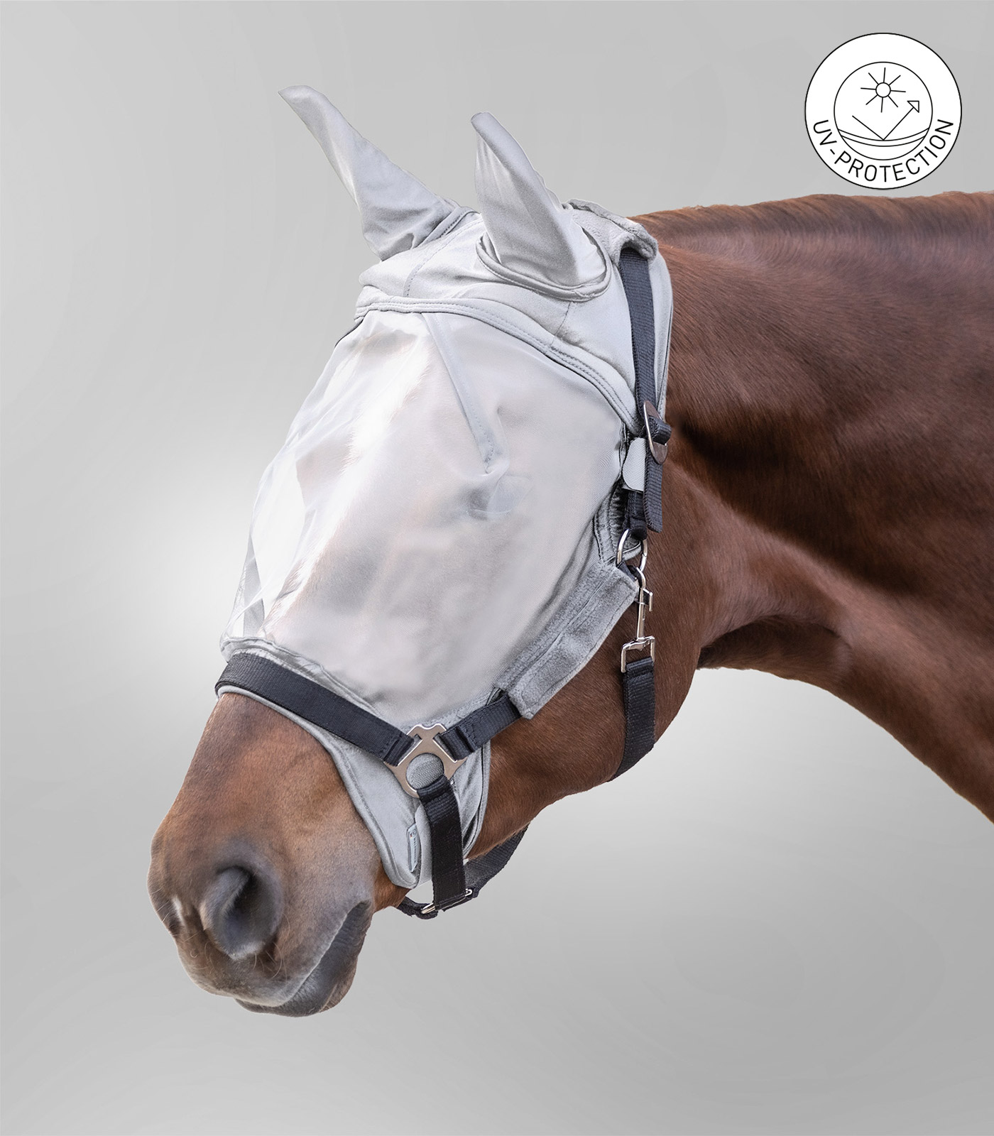 PREMIUM Fliegenmaske f. Halfter, mit Ohrenschutz silbergrau