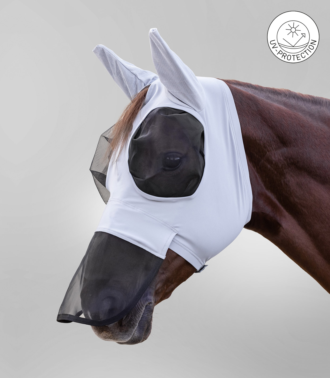 Fliegenmaske Puck mit Nasenschutz silbergrau