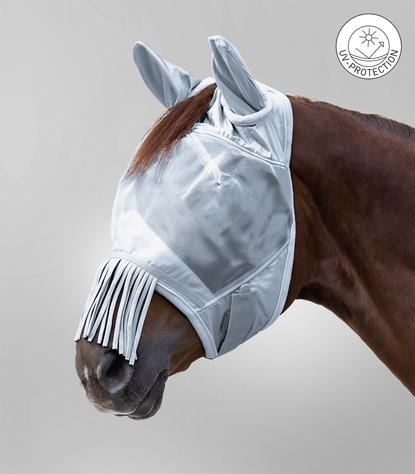 PREMIUM Fliegenmaske mit Ohrenschutz und Nasenfransen silbergrau