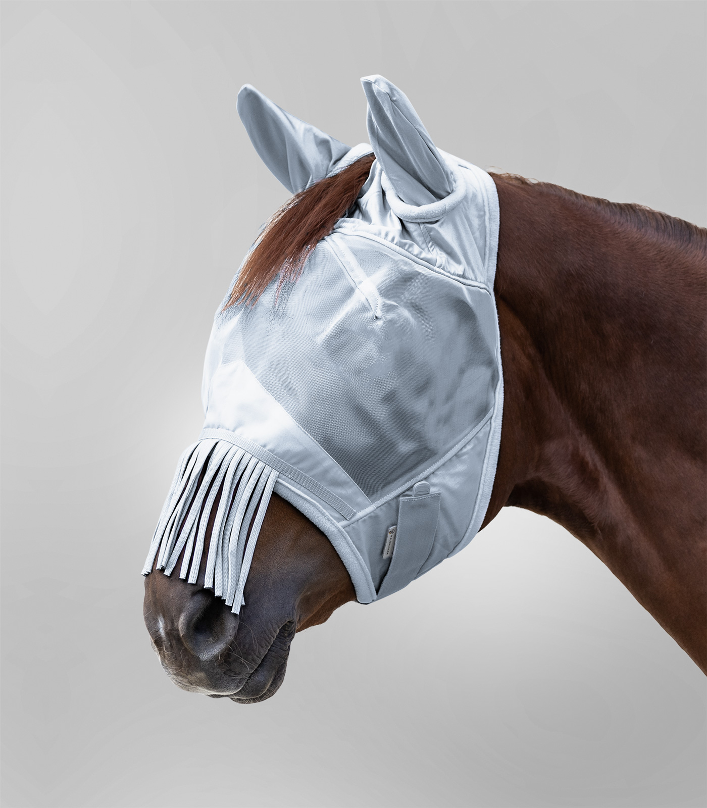 PREMIUM Fly Mask with ear protection and nose fringe silver grey