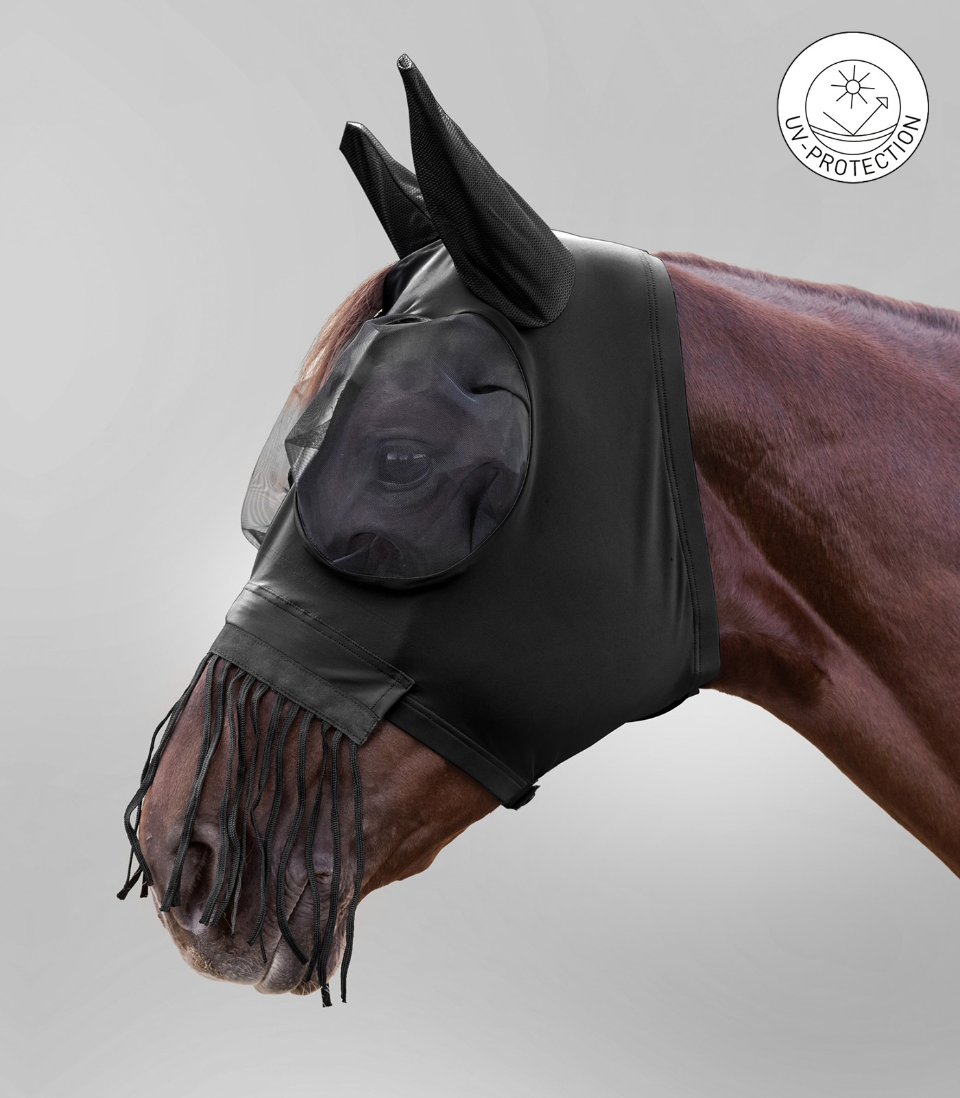 Fliegenmaske Puck mit Nasenfransen schwarz