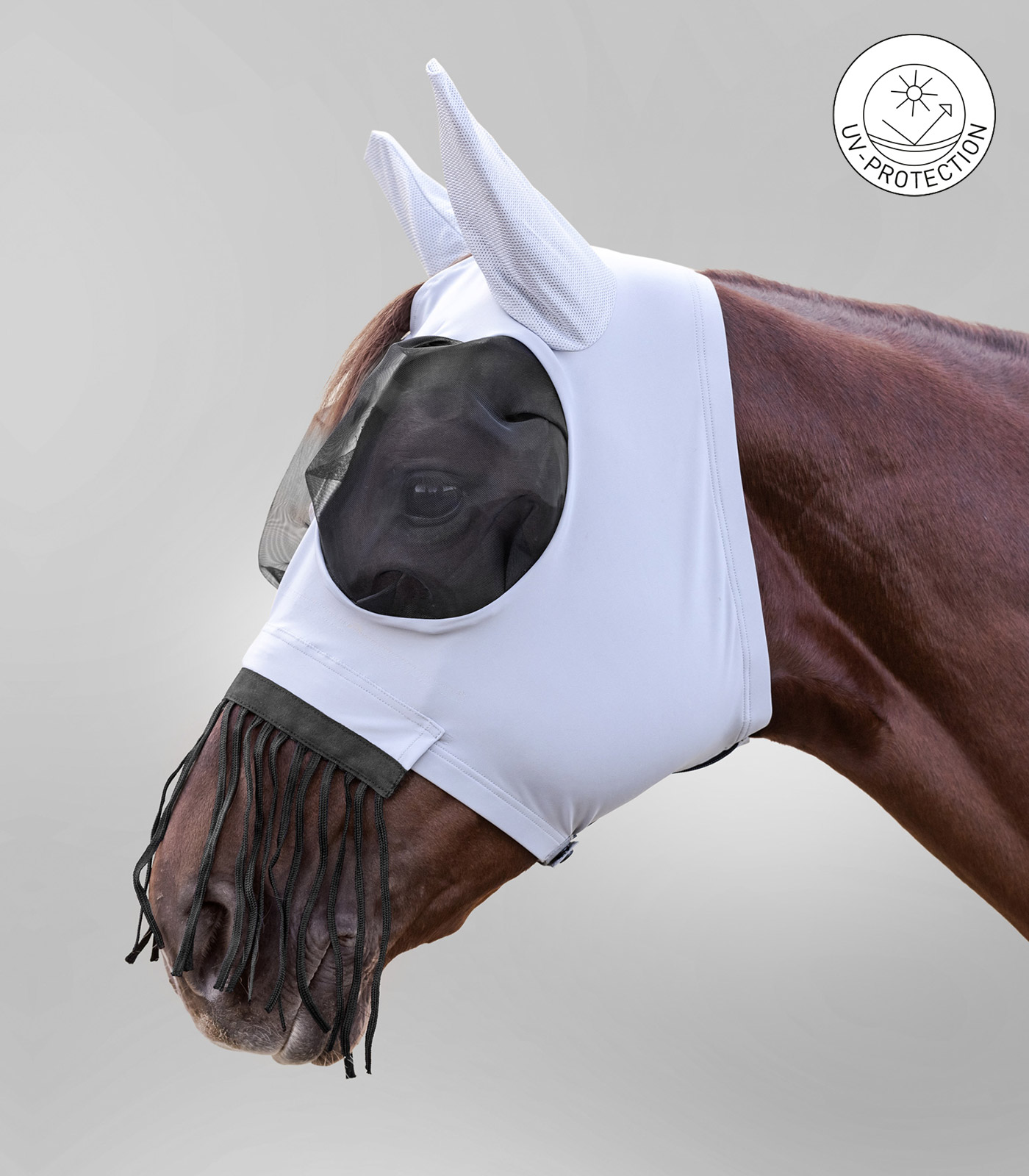 Fliegenmaske Puck mit Nasenfransen silbergrau